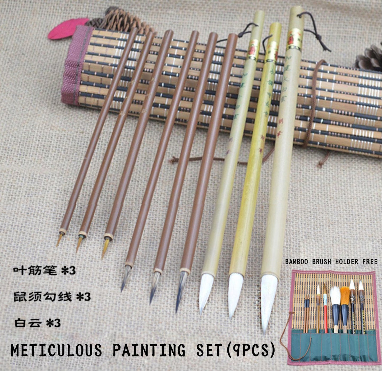 Writing Brush Chinese Calligraphy Brush Set Kanji Japanese Sumi Painting Drawing Brushes Set+Roll-up Bamboo Brush Holder.