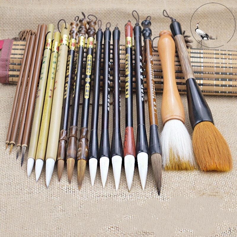 Writing Brush Chinese Calligraphy Brush Set Kanji Japanese Sumi Painting Drawing Brushes Set+Roll-up Bamboo Brush Holder.