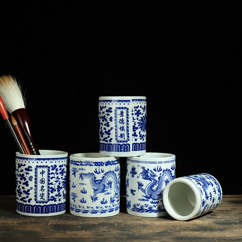 Jingdezhen Ceramic Pen Holder For Desk Cute Stand Pencil Cup Pot Desk Organizer For Kids Makeup Brush Holder.
