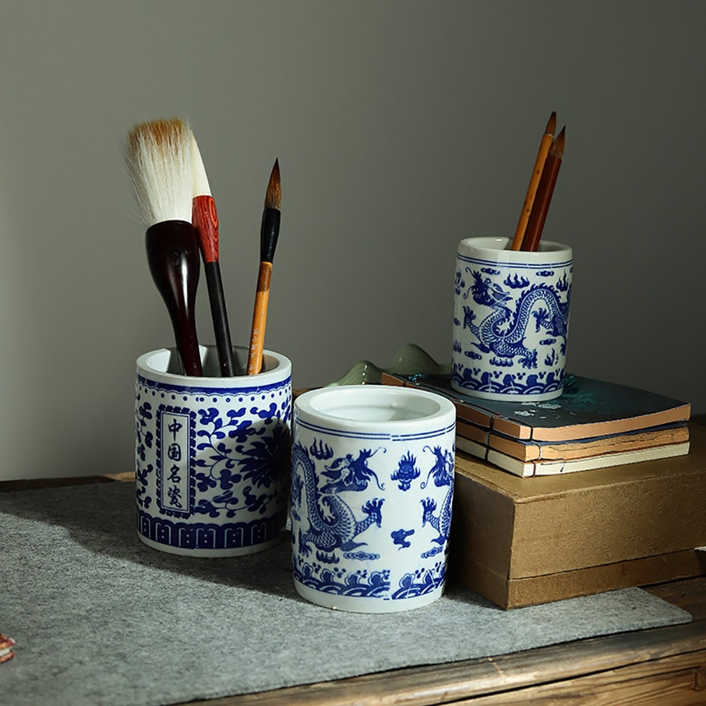 Jingdezhen Ceramic Pen Holder For Desk Cute Stand Pencil Cup Pot Desk Organizer For Kids Makeup Brush Holder.