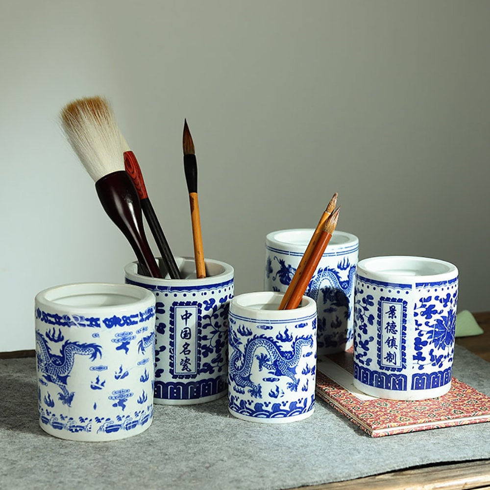 Jingdezhen Ceramic Pen Holder For Desk Cute Stand Pencil Cup Pot Desk Organizer For Kids Makeup Brush Holder.