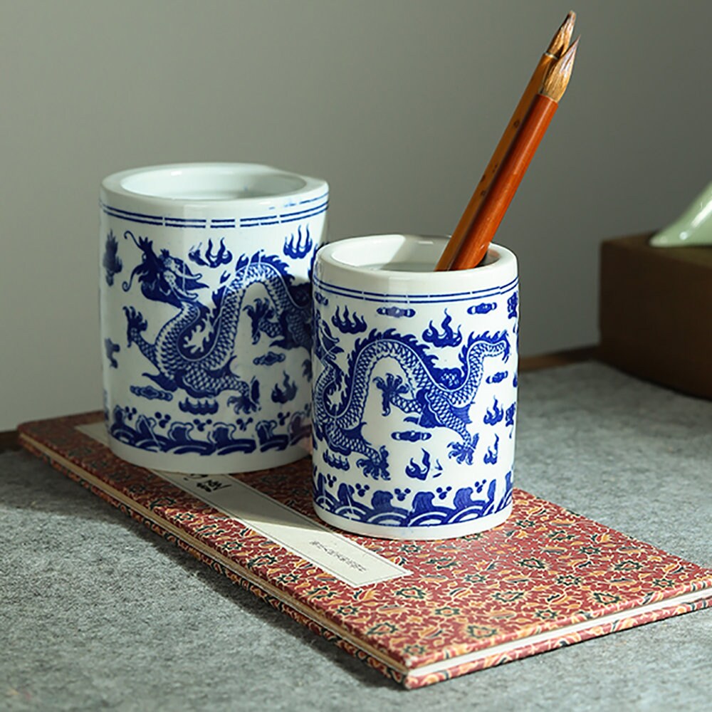 Jingdezhen Ceramic Pen Holder For Desk Cute Stand Pencil Cup Pot Desk Organizer For Kids Makeup Brush Holder.