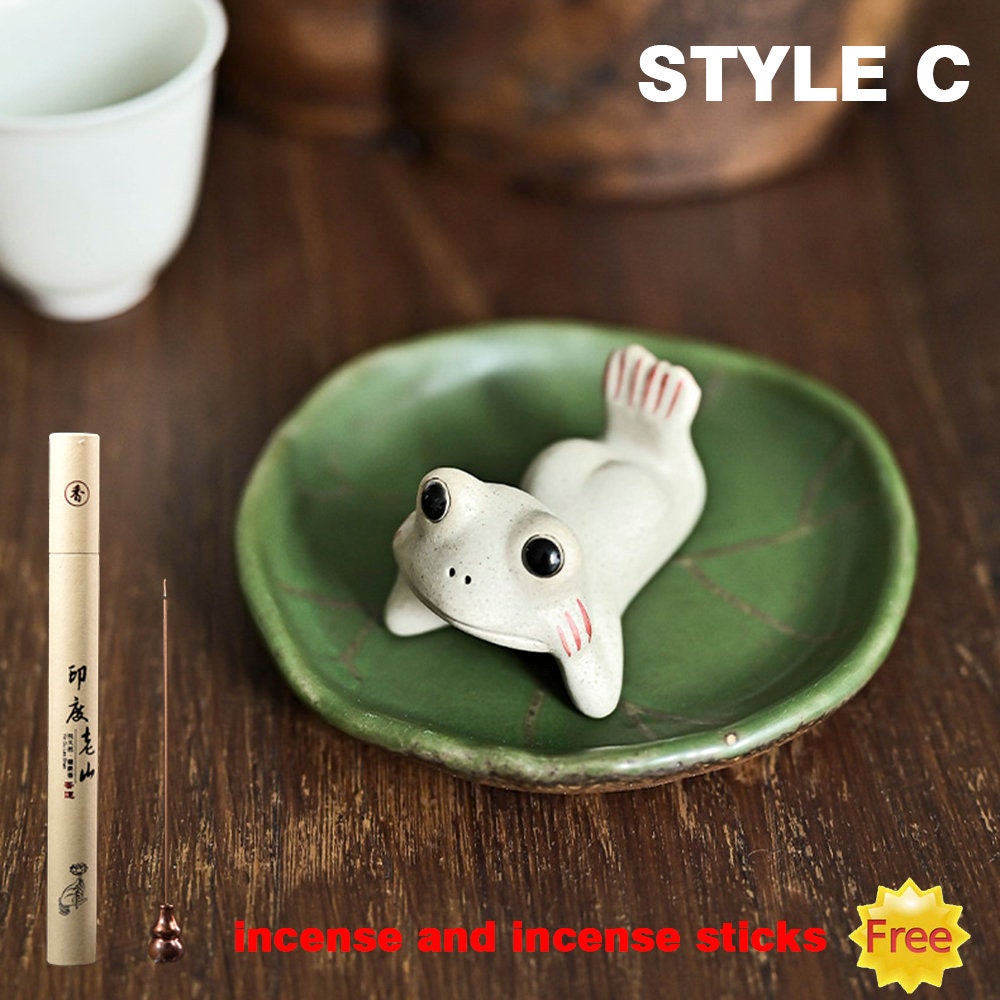 Handmade Ceramic Small Frog Stick Incense Burner Holder,Lotus Leaf Tray,Mini Cute Animal Statue Home Incense Burner.