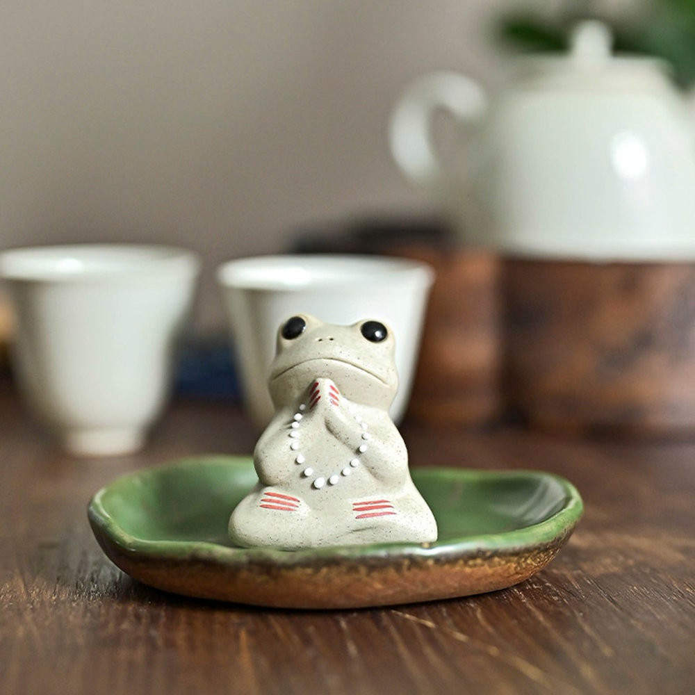Handmade Ceramic Small Frog Stick Incense Burner Holder,Lotus Leaf Tray,Mini Cute Animal Statue Home Incense Burner.