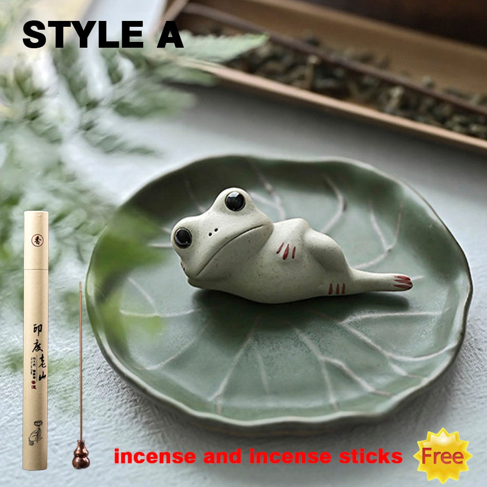 Handmade Ceramic Small Frog Stick Incense Burner Holder,Lotus Leaf Tray,Mini Cute Animal Statue Home Incense Burner.