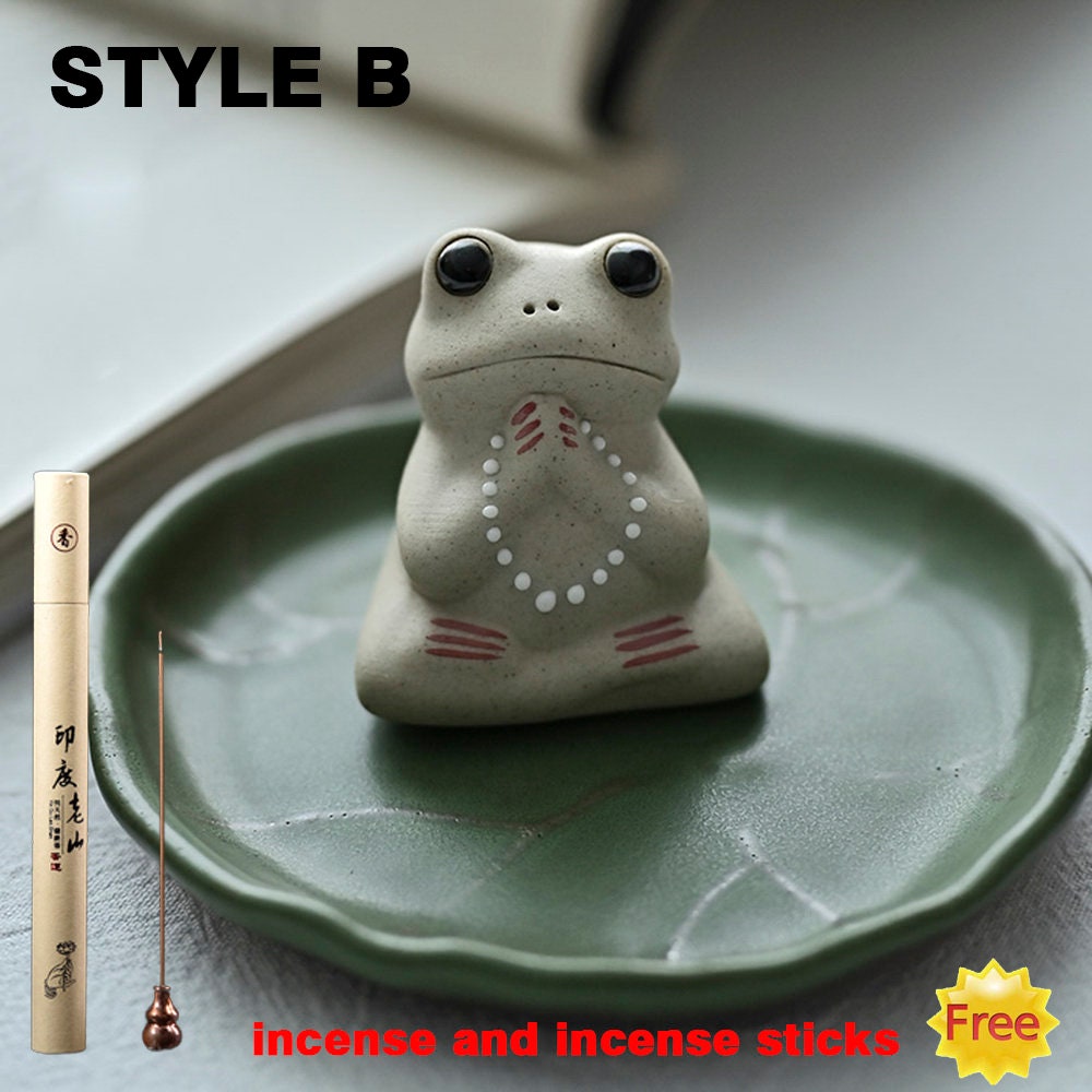 Handmade Ceramic Small Frog Stick Incense Burner Holder,Lotus Leaf Tray,Mini Cute Animal Statue Home Incense Burner.
