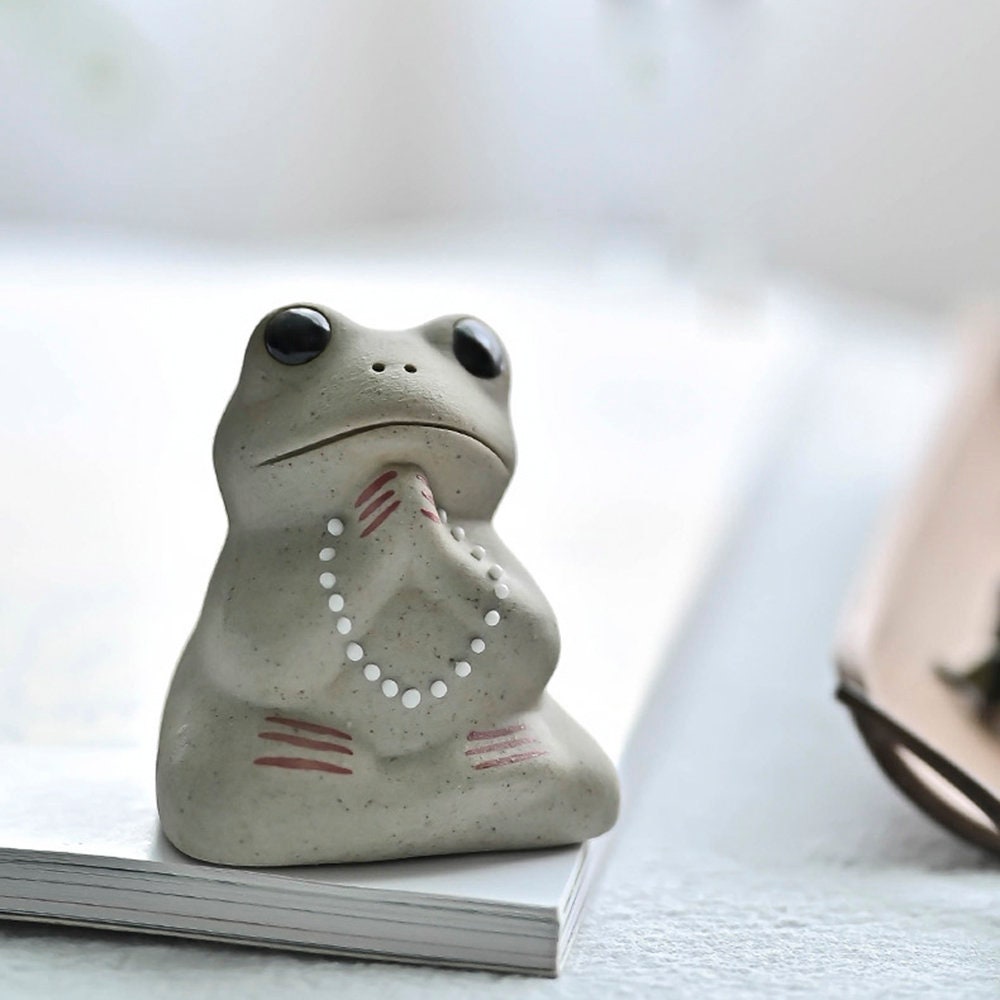 Handmade Ceramic Small Frog Stick Incense Burner Holder,Lotus Leaf Tray,Mini Cute Animal Statue Home Incense Burner.