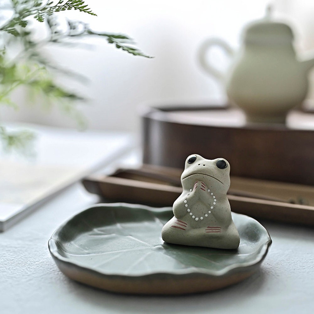 Handmade Ceramic Small Frog Stick Incense Burner Holder,Lotus Leaf Tray,Mini Cute Animal Statue Home Incense Burner.