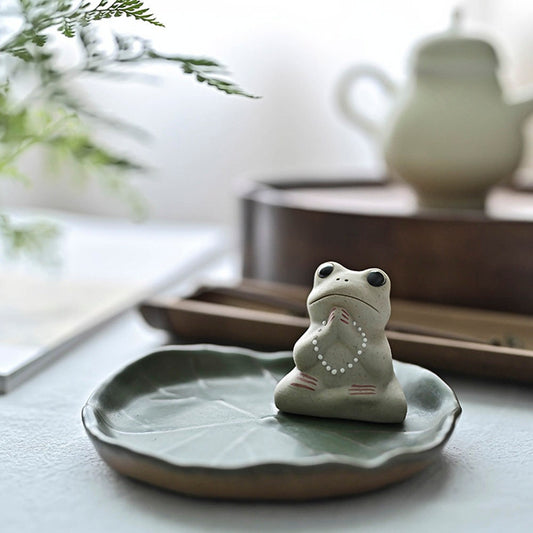 Handmade Ceramic Small Frog Stick Incense Burner Holder,Lotus Leaf Tray,Mini Cute Animal Statue Home Incense Burner.